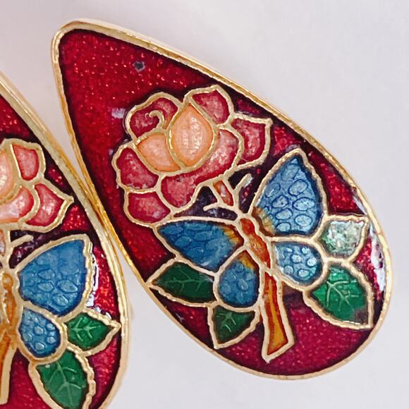 Vintage Cloisonne Red Enamel Butterfly Floral Gold Tone Clip On Earrings - Picture 3 of 10